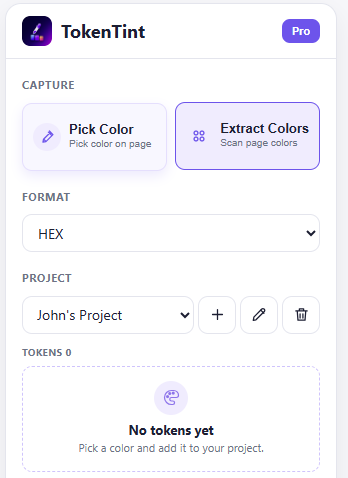 TokenTint Extract Colors interface
