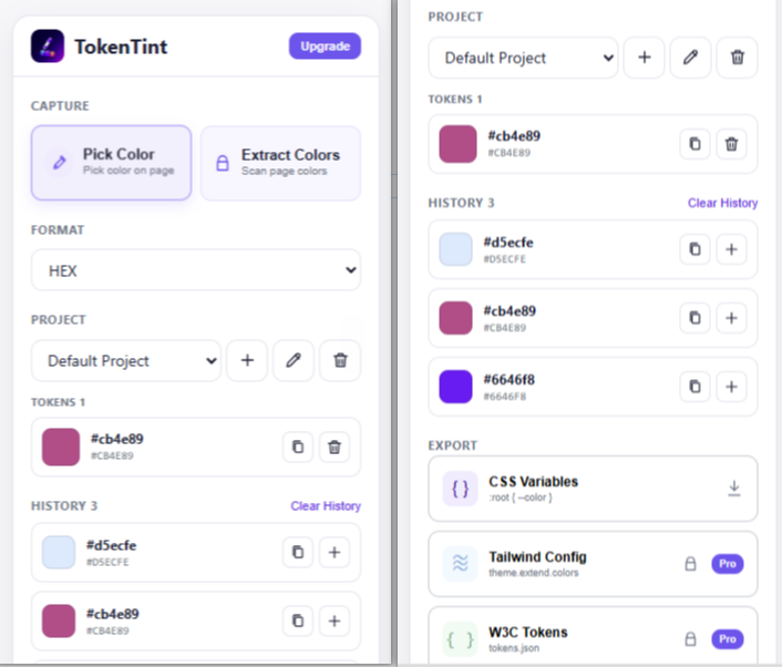TokenTint Chrome extension showing color picking, projects, tokens, and history